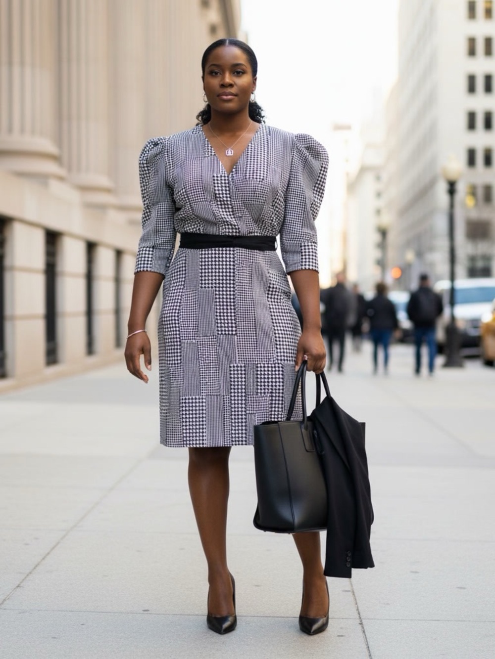 Sami & Jo Patchwork Houndstooth Plaid V-Neck Dress XL NWOT Puff Sleeve Retro